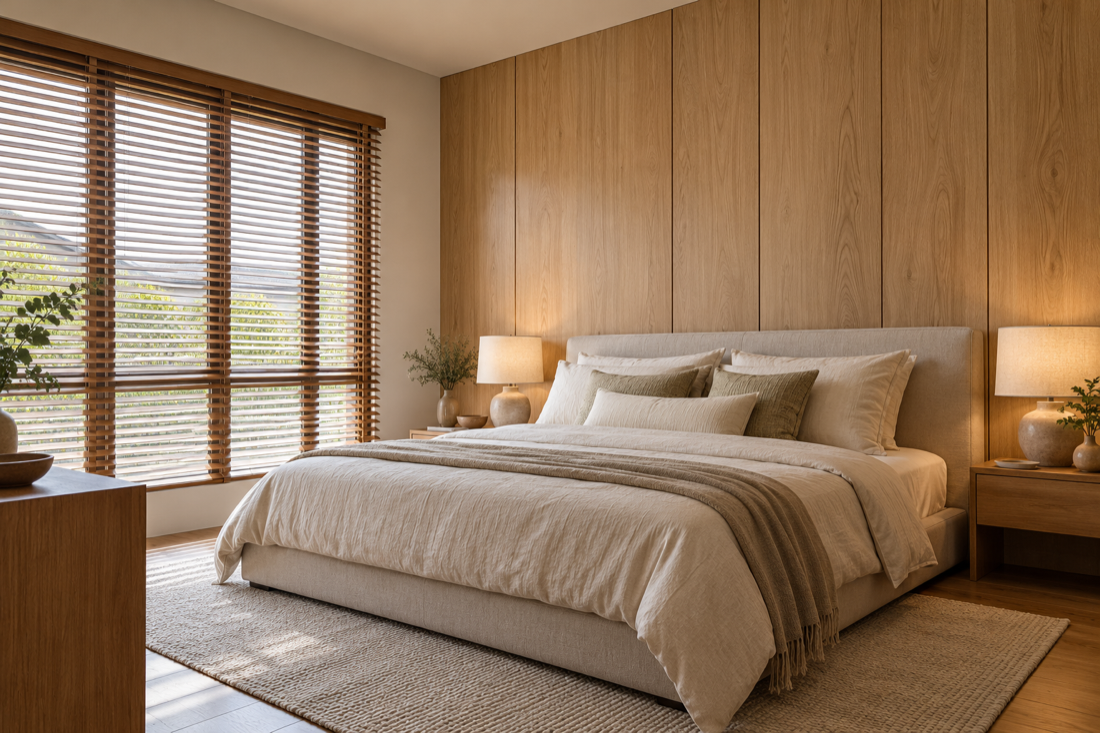 Illustration of a light oak wood wall panel headboard wall in a terrace house bedroom